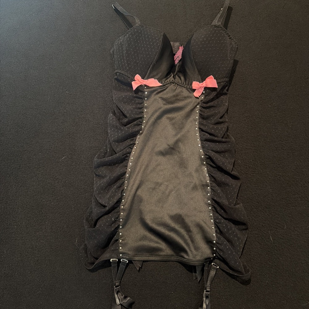 Victoria's Secret Sexy Little Things Black Ruched Garter Slip Babydoll Sz 34B